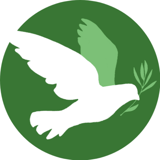 a white dove flying across a green background with an olive leaf in its mouth